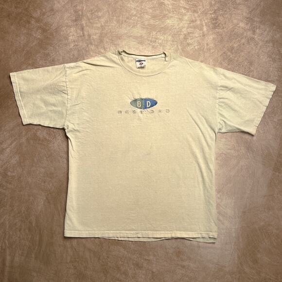 Vintage 90s Jerzees Best Dad Embroidered T-Shirt Tan Novelty Distressed Casual - Picture 1 of 7